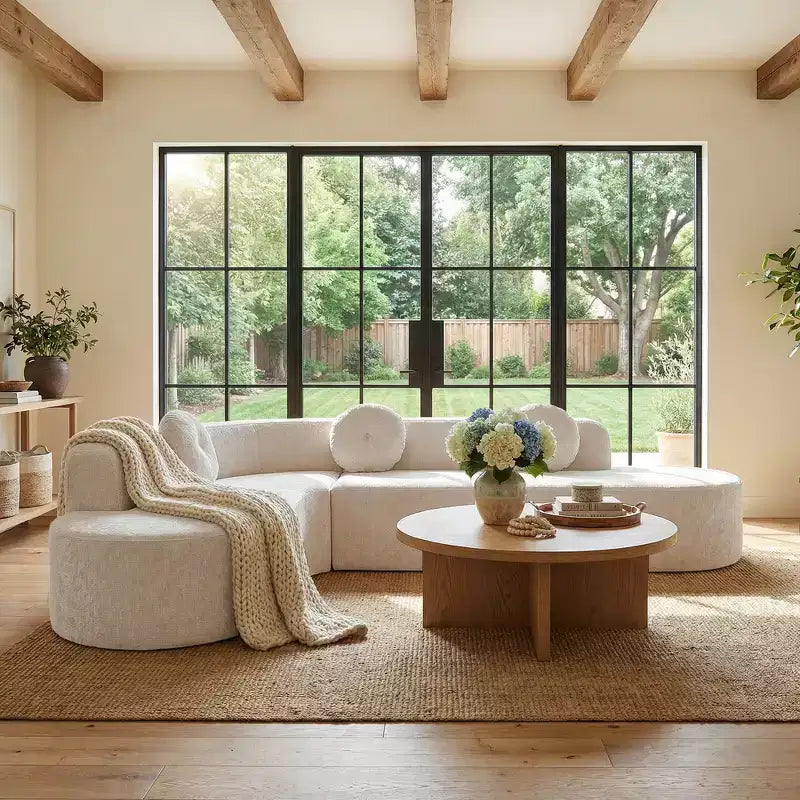 Divano componibile extra large da 310 cm, elegante divano in tessuto con tre cuscini rotondi, schiuma ad alta resilienza