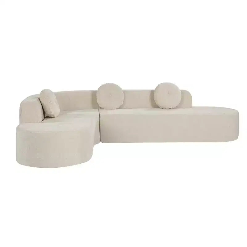 Divano componibile extra large da 310 cm, elegante divano in tessuto con tre cuscini rotondi, schiuma ad alta resilienza