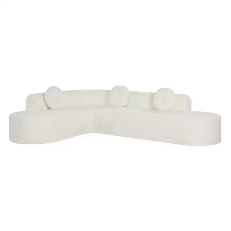 Divano componibile extra large da 310 cm, elegante divano in tessuto con tre cuscini rotondi, schiuma ad alta resilienza