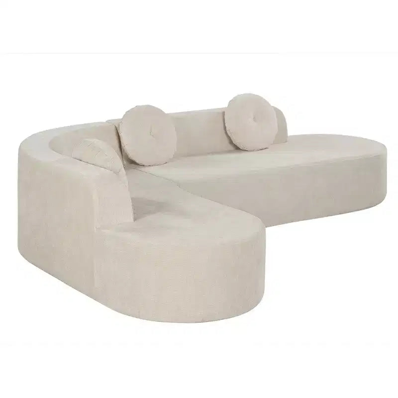 Divano componibile extra large da 310 cm, elegante divano in tessuto con tre cuscini rotondi, schiuma ad alta resilienza