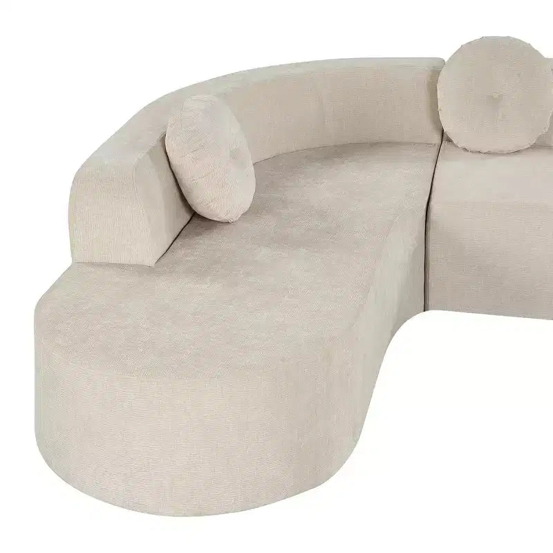 Divano componibile extra large da 310 cm, elegante divano in tessuto con tre cuscini rotondi, schiuma ad alta resilienza