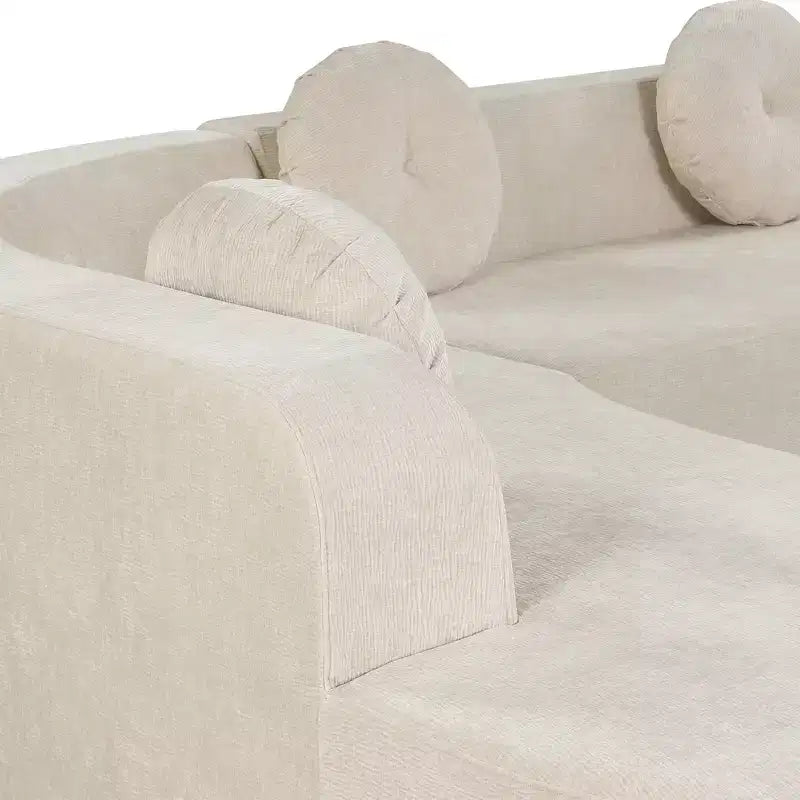 Divano componibile extra large da 310 cm, elegante divano in tessuto con tre cuscini rotondi, schiuma ad alta resilienza