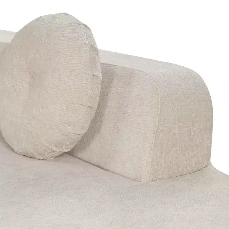 Divano componibile extra large da 310 cm, elegante divano in tessuto con tre cuscini rotondi, schiuma ad alta resilienza
