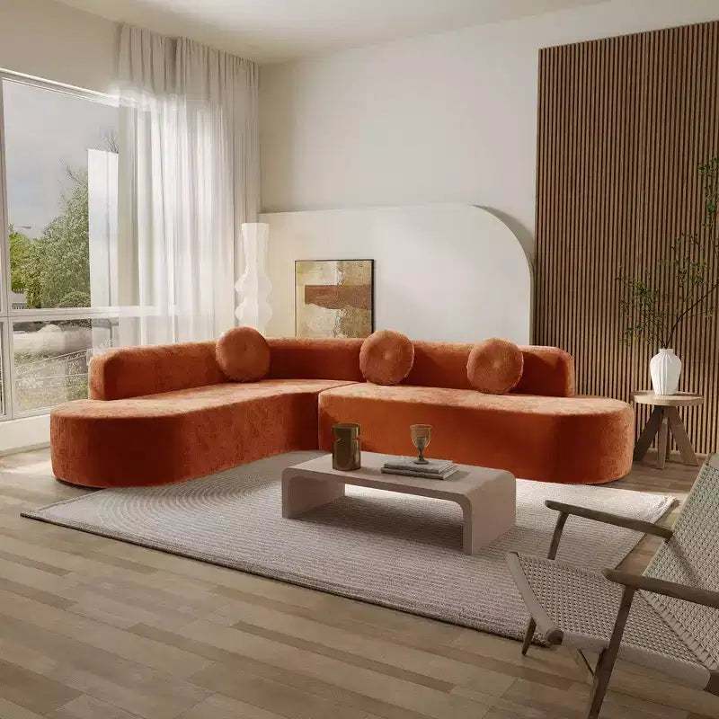 Divano componibile extra large da 310 cm, elegante divano in tessuto con tre cuscini rotondi, schiuma ad alta resilienza