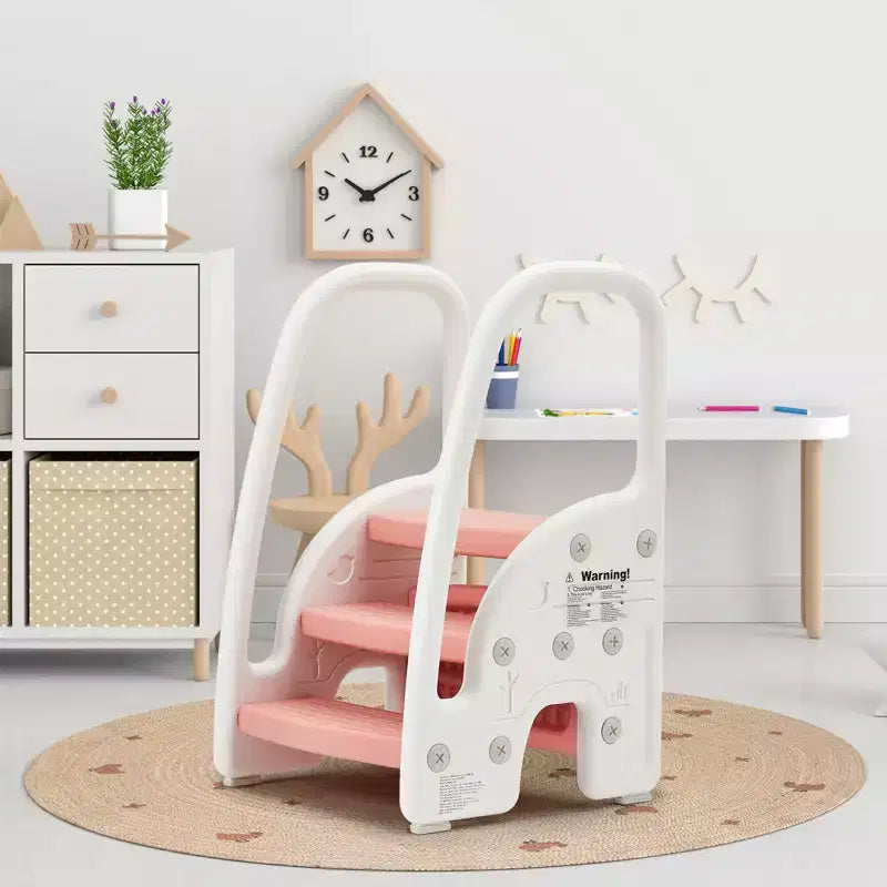 Sgabello a tre gradini per bambini per l'indipendenza – Sgabello per l'apprendimento a 3 gradini con maniglie e cuscinetti antiscivolo per lavandino, toilette e cucina, plastica facile da pulire (rosa)