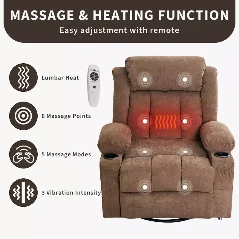 Poltrona reclinabile girevole a 360° di grandi dimensioni con calore e massaggio. Ampia poltrona a dondolo per persone grandi e alte, 3 posizioni, portabicchieri, porta USB e tasca, sedia lounge definitiva.