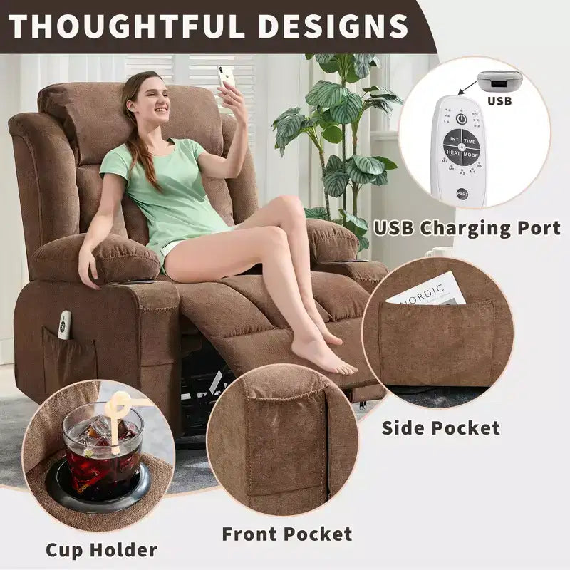 Poltrona reclinabile girevole a 360° di grandi dimensioni con calore e massaggio. Ampia poltrona a dondolo per persone grandi e alte, 3 posizioni, portabicchieri, porta USB e tasca, sedia lounge definitiva.