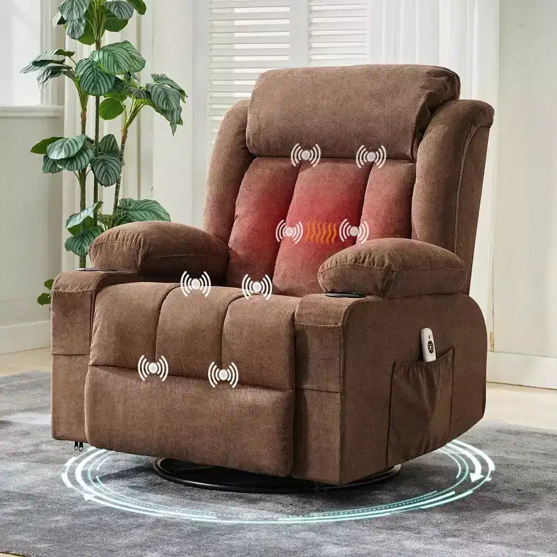 Poltrona reclinabile girevole a 360° di grandi dimensioni con calore e massaggio. Ampia poltrona a dondolo per persone grandi e alte, 3 posizioni, portabicchieri, porta USB e tasca, sedia lounge definitiva.