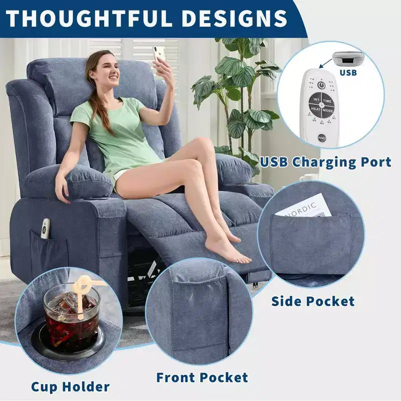 Poltrona reclinabile girevole a 360° di grandi dimensioni con calore e massaggio. Ampia poltrona a dondolo per persone grandi e alte, 3 posizioni, portabicchieri, porta USB e tasca, sedia lounge definitiva.