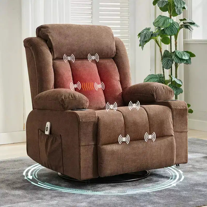 Poltrona reclinabile girevole a 360° di grandi dimensioni con calore e massaggio. Ampia poltrona a dondolo per persone grandi e alte, 3 posizioni, portabicchieri, porta USB e tasca, sedia lounge definitiva.