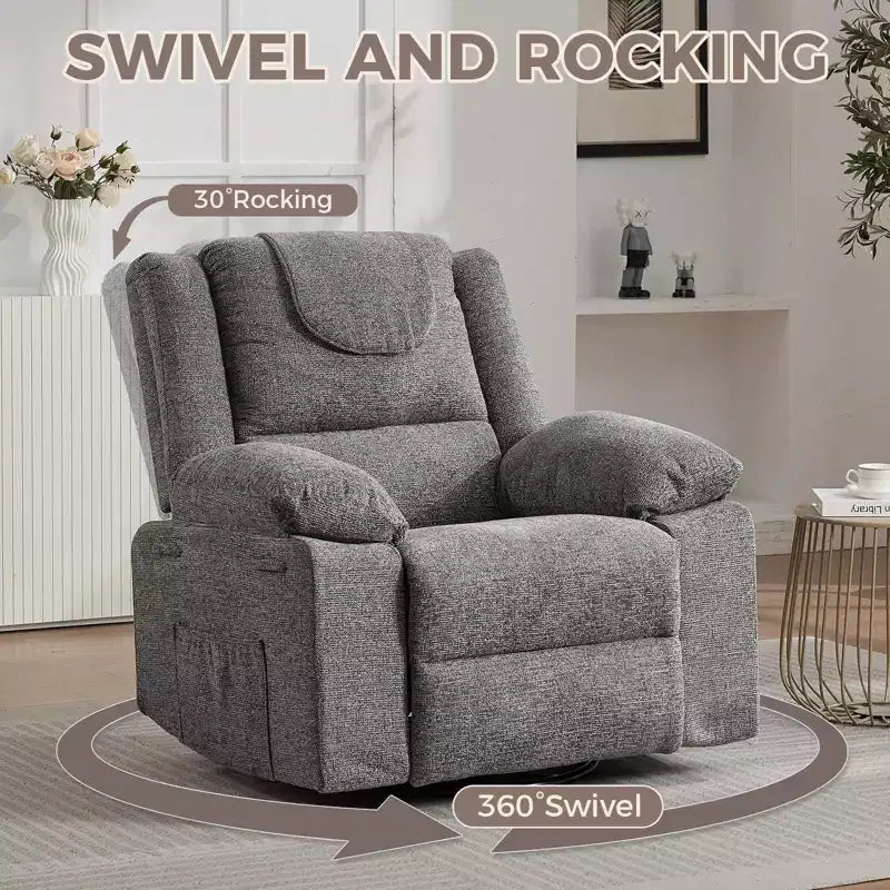 Poltrona Reclinabile Girevole a 360 Gradi, Poltrona Reclinabile Oversize per Adulti con Massaggio Vibrante e Riscaldamento Lombare, Divano per Soggiorno