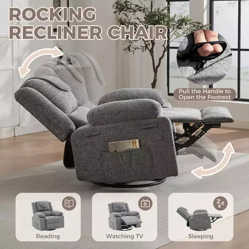 Poltrona Reclinabile Girevole a 360 Gradi, Poltrona Reclinabile Oversize per Adulti con Massaggio Vibrante e Riscaldamento Lombare, Divano per Soggiorno