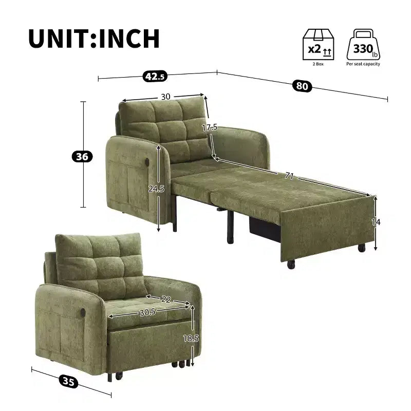 Poltrona moderna con lounge estraibile, letto trasformabile 3 in 1, divano letto singolo per soggiorno, appartamento o ufficio