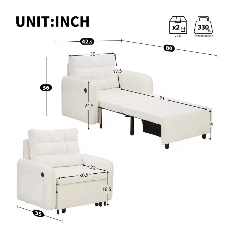 Poltrona moderna con lounge estraibile, letto trasformabile 3 in 1, divano letto singolo per soggiorno, appartamento o ufficio