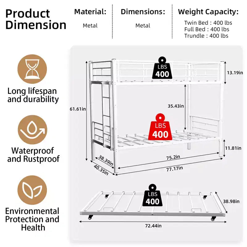 Letto a castello in metallo moderno Farhan con spondina di sicurezza e design convertibile