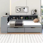 Twin Daybed with Linen Upholstered Headboard, Built-in Charging Station & Storage Shelves(Upgraded)