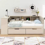 Twin Daybed with Linen Upholstered Headboard, Built-in Charging Station & Storage Shelves(Upgraded)