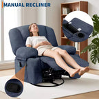 Um 360° drehbarer Relaxsessel mit Wärme- und Massagefunktion, manueller Schaukel-Relaxsessel, Getränkehalter und Aufbewahrungstaschen, Chenille/PU-Leder für Wohnzimmer und Schlafzimmer