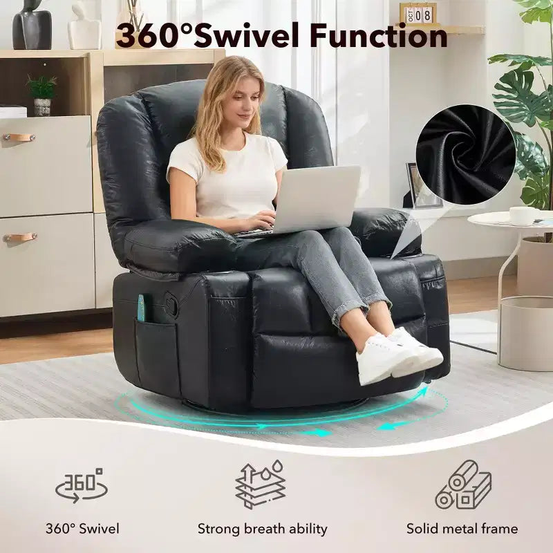Poltrona Reclinabile Girevole a 360° con Funzione Calore e Massaggio, Basculante Manuale, Portabicchieri e Tasche Contenitore, in ciniglia/pelle PU per Soggiorno e Camera da Letto