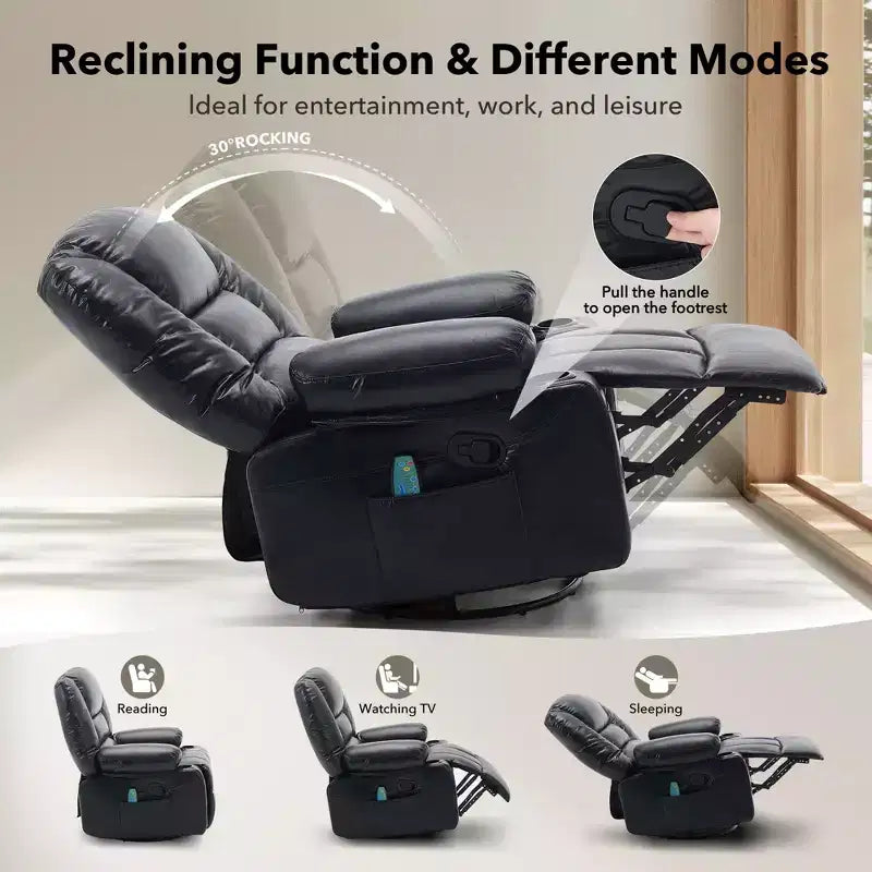 Poltrona Reclinabile Girevole a 360° con Funzione Calore e Massaggio, Basculante Manuale, Portabicchieri e Tasche Contenitore, in ciniglia/pelle PU per Soggiorno e Camera da Letto