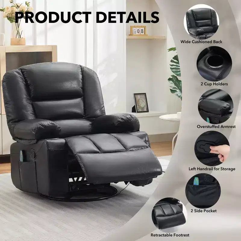 Poltrona Reclinabile Girevole a 360° con Funzione Calore e Massaggio, Basculante Manuale, Portabicchieri e Tasche Contenitore, in ciniglia/pelle PU per Soggiorno e Camera da Letto