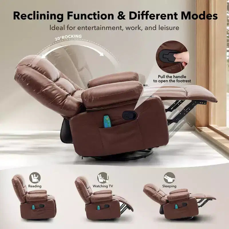 Poltrona Reclinabile Girevole a 360° con Funzione Calore e Massaggio, Basculante Manuale, Portabicchieri e Tasche Contenitore, in ciniglia/pelle PU per Soggiorno e Camera da Letto