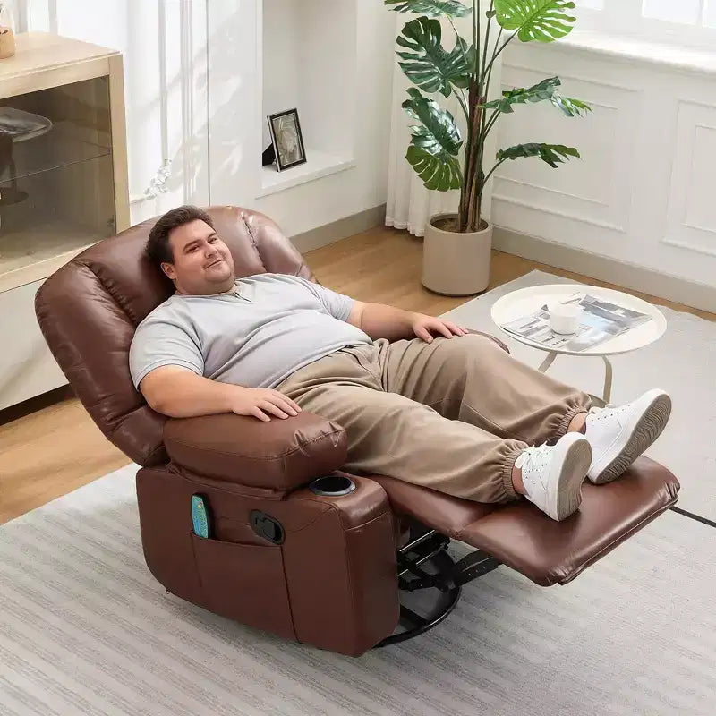 Poltrona Reclinabile Girevole a 360° con Funzione Calore e Massaggio, Basculante Manuale, Portabicchieri e Tasche Contenitore, in ciniglia/pelle PU per Soggiorno e Camera da Letto