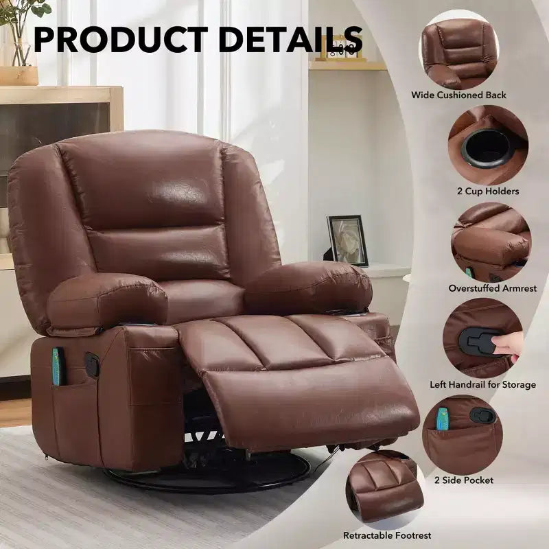 Poltrona Reclinabile Girevole a 360° con Funzione Calore e Massaggio, Basculante Manuale, Portabicchieri e Tasche Contenitore, in ciniglia/pelle PU per Soggiorno e Camera da Letto