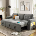 84-Zoll-Samt-Schlafsofa in L-Form - umwandelbares ausziehbares Ecksofa mit Stauraum, Ladestation und LED-Leuchten für das Wohnzimmer