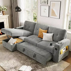 84-Zoll-Samt-Schlafsofa in L-Form - umwandelbares ausziehbares Ecksofa mit Stauraum, Ladestation und LED-Leuchten für das Wohnzimmer