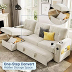 84-Zoll-Samt-Schlafsofa in L-Form - umwandelbares ausziehbares Ecksofa mit Stauraum, Ladestation und LED-Leuchten für das Wohnzimmer