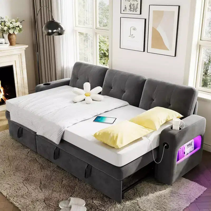 Divano Letto Componibile a Scomparsa a L in Velluto 84" con Contenitore, Stazione di Ricarica e Luci a LED per Soggiorno
