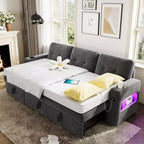 84-Zoll-Samt-Schlafsofa in L-Form - umwandelbares ausziehbares Ecksofa mit Stauraum, Ladestation und LED-Leuchten für das Wohnzimmer