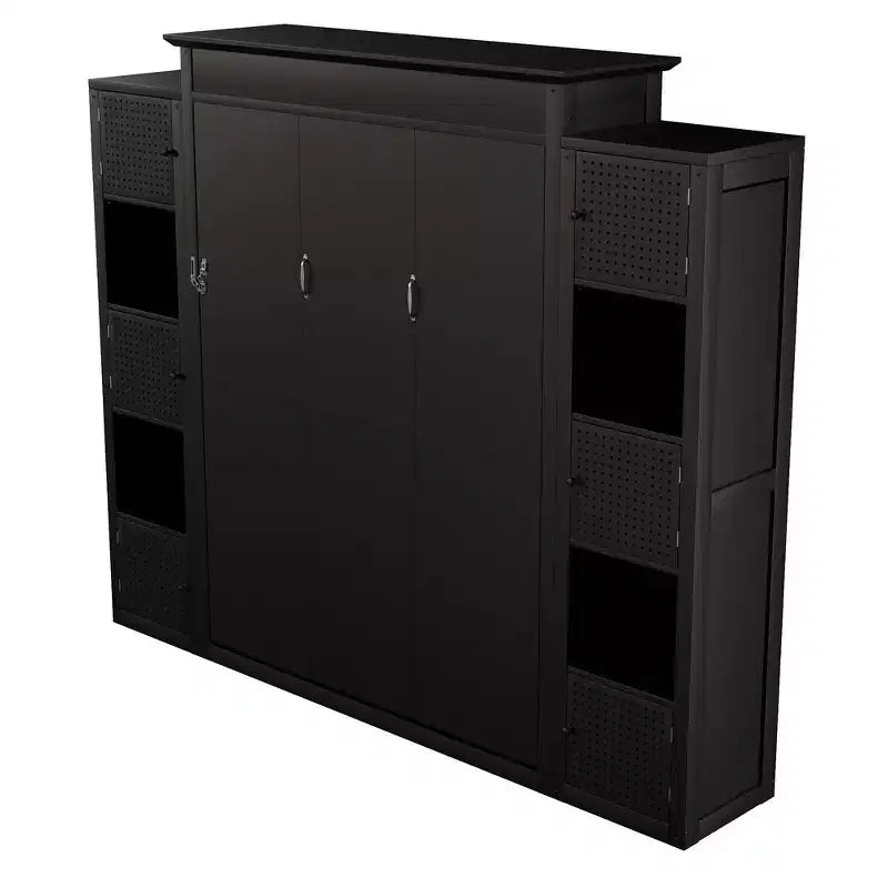 Whisen Queen-Size Murphy Bed Bed Frame with LED Lights and Storage Shelves - Black