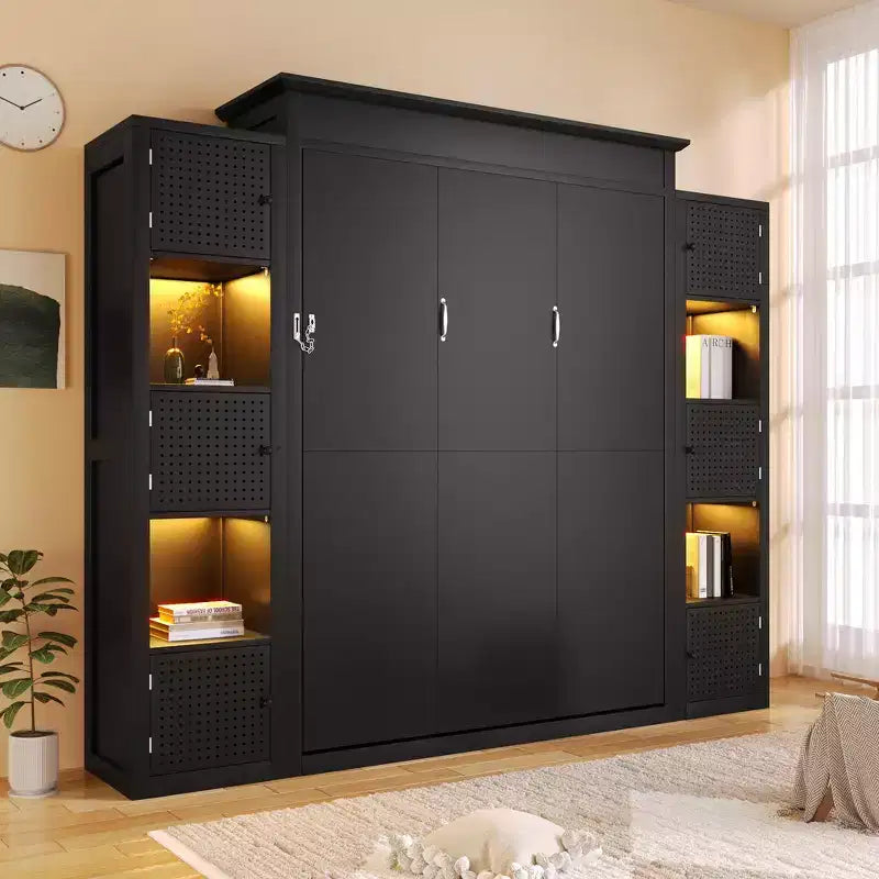 Letto a scomparsa matrimoniale con luci a LED e ripiani - Nero