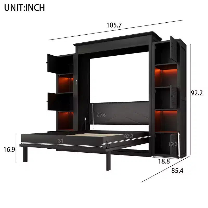 Letto a scomparsa matrimoniale con luci a LED e ripiani - Nero