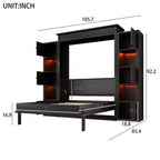 Estructura de cama abatible vertical tamaño Queen con luces LED y estantes de almacenamiento - negro