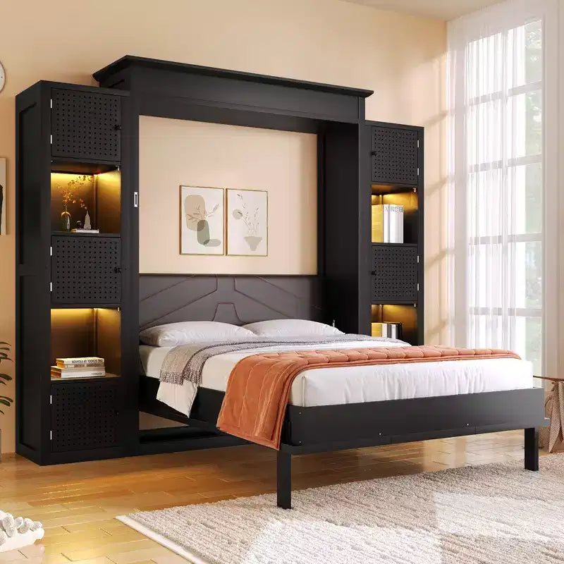 Letto a scomparsa matrimoniale con luci a LED e ripiani - Nero