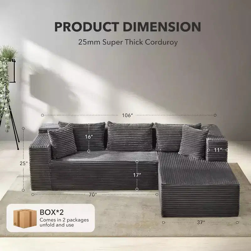 Divano componibile reversibile DobleePy 106, divano a nuvola a L con chaise longue oversize, divano a 3 posti in memory foam, montaggio senza attrezzi, orientamento a destra