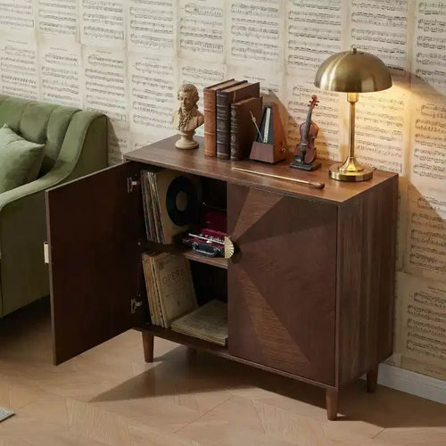 39.4 Credenza in Legno Stile Vintage, Mobile Contenitore Color Noce con Ante Decorative a Gradiente, Versatile per Soggiorno e Sala da Pranzo