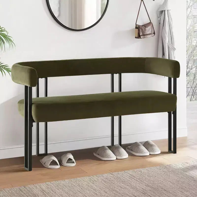 Panca moderna da 49 pollici con schienale e braccioli, elegante panca da pranzo, divanetto con struttura in metallo, seduta d'accento per soggiorno