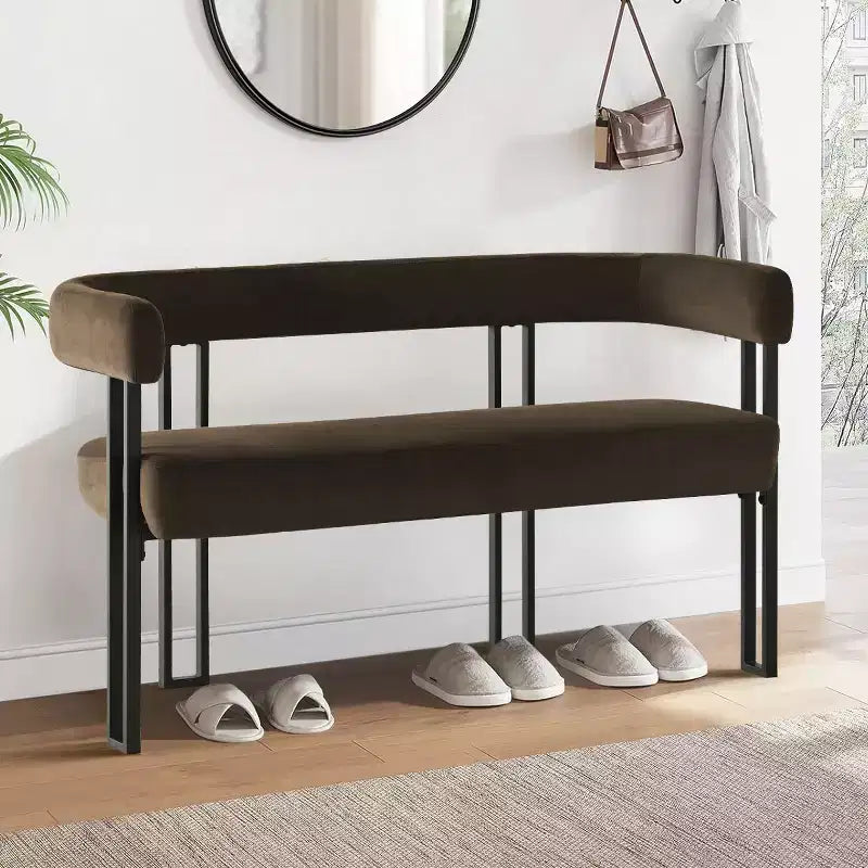 Panca moderna da 49 pollici con schienale e braccioli, elegante panca da pranzo, divanetto con struttura in metallo, seduta d'accento per soggiorno