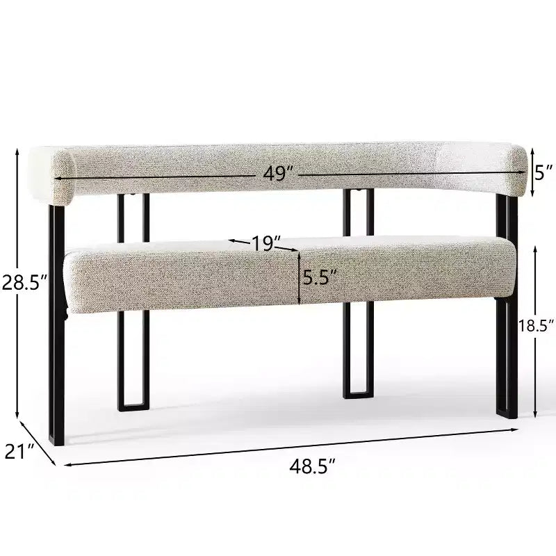 Panca moderna da 49 pollici con schienale e braccioli, elegante panca da pranzo, divanetto con struttura in metallo, seduta d'accento per soggiorno