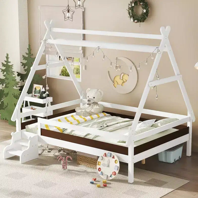 Piattaforma letto Full House con scale, telaio letto singolo in legno massello, design a basso profilo e divertente per bambini, bianco