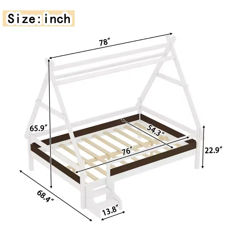 Piattaforma letto Full House con scale, telaio letto singolo in legno massello, design a basso profilo e divertente per bambini, bianco