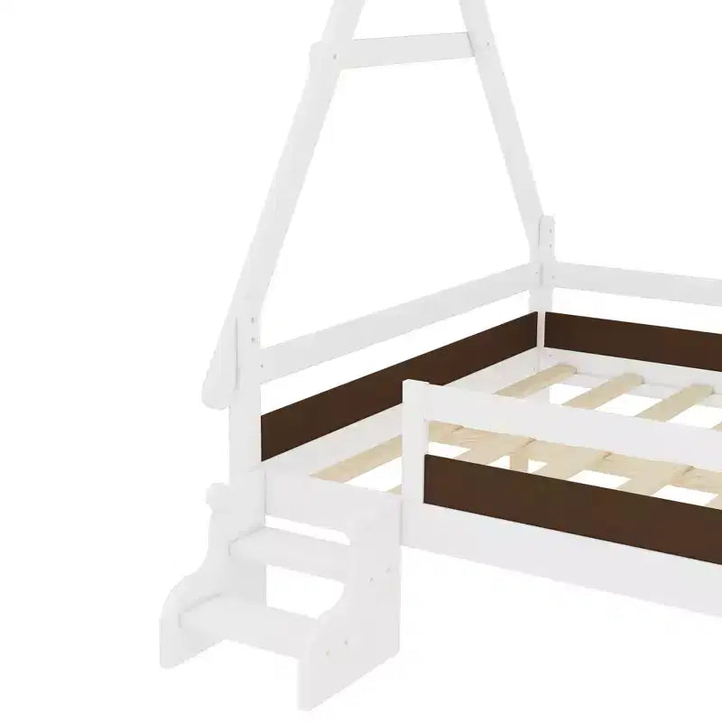 Piattaforma letto Full House con scale, telaio letto singolo in legno massello, design a basso profilo e divertente per bambini, bianco
