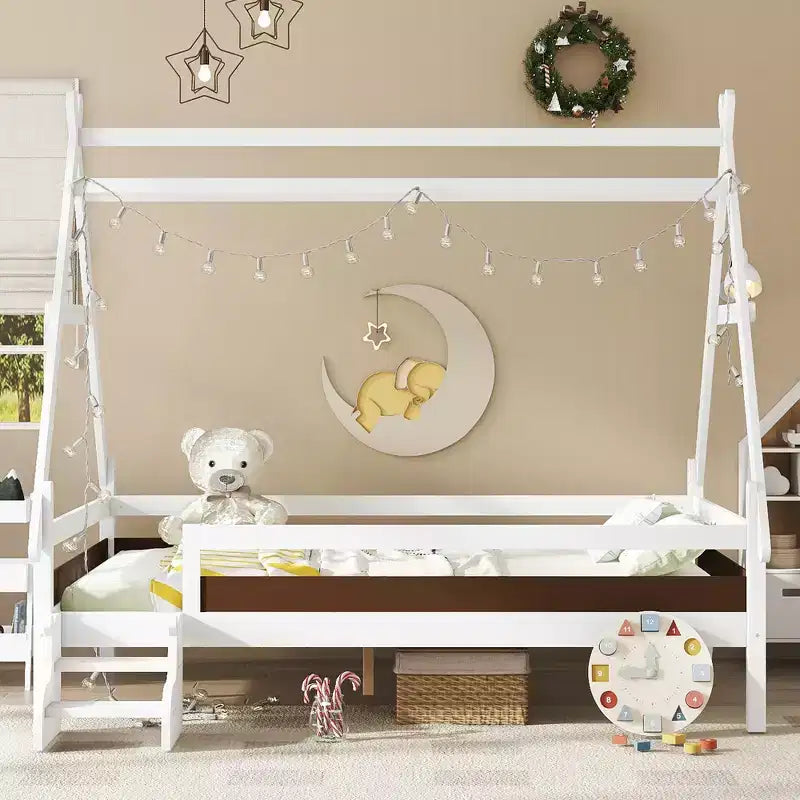 Piattaforma letto Full House con scale, telaio letto singolo in legno massello, design a basso profilo e divertente per bambini, bianco