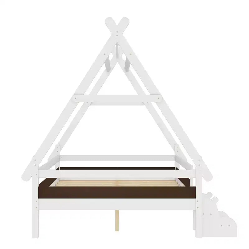 Piattaforma letto Full House con scale, telaio letto singolo in legno massello, design a basso profilo e divertente per bambini, bianco