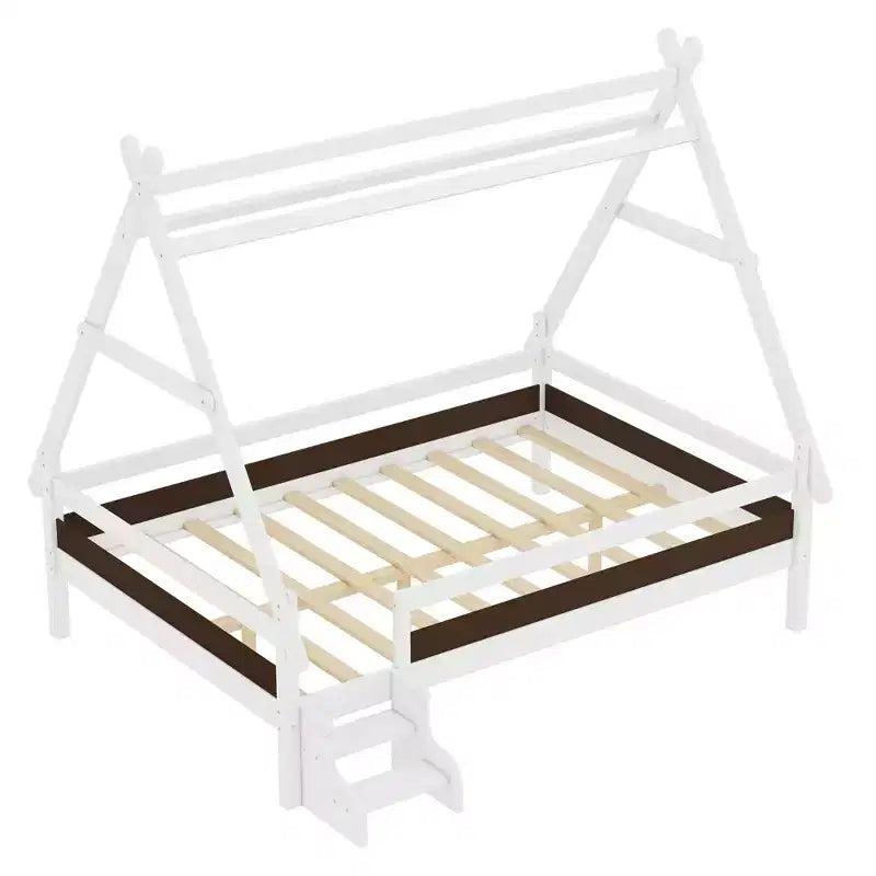 Piattaforma letto Full House con scale, telaio letto singolo in legno massello, design a basso profilo e divertente per bambini, bianco
