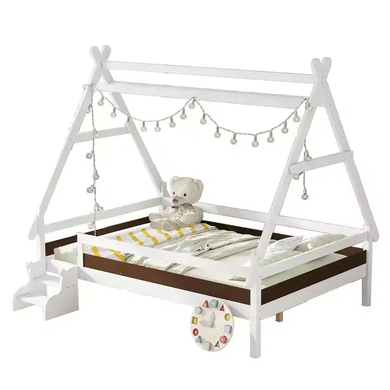 Piattaforma letto Full House con scale, telaio letto singolo in legno massello, design a basso profilo e divertente per bambini, bianco